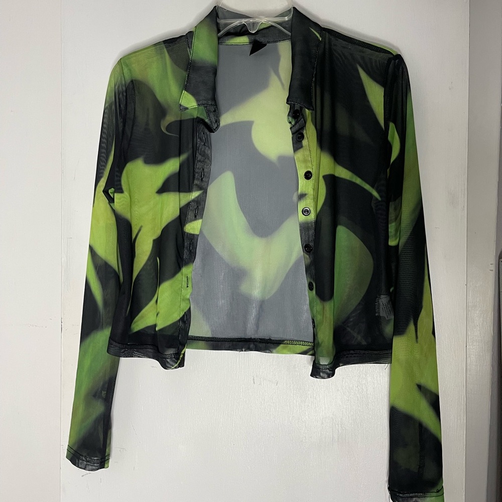 Green & black sheer button up top